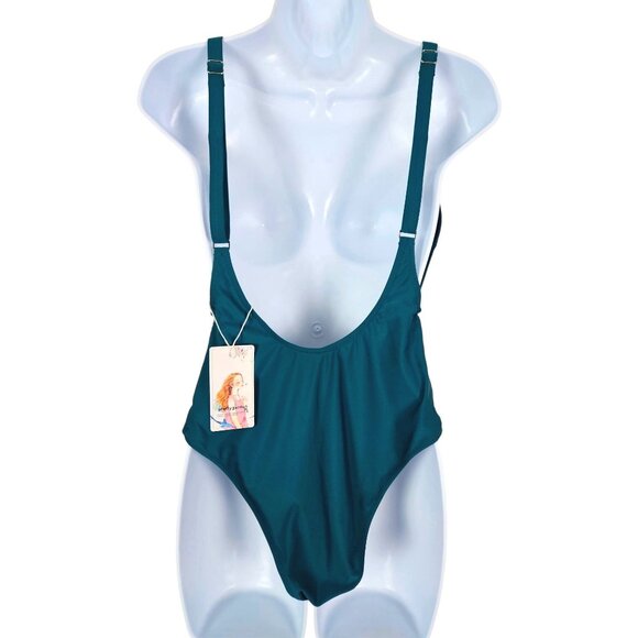 Pretty Garden Womens Teal One-Piece Swimsuit Sz Large Low Back Scoop Neck Beach - Picture 4 of 10